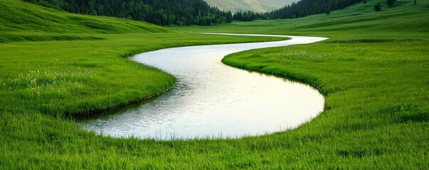 A serene view of a winding river flowing through lush green grass, with hills in the background under a clear blue sky.