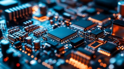 Close up of a computer circuit board with glowing components Soft Pastel Background for Graphic Design Templates