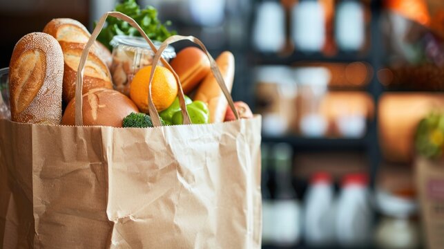 Variety of food in a paper bag for safe delivery as a donation.