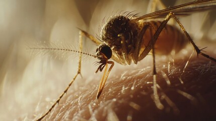 A close-up image of a mosquito feeding on human skin, with its proboscis inserted.