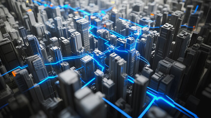 Obraz premium Smart digital Innovation city with connection network reciprocity over the cityscape. of future smart wireless digital city and social media networking systems that connects people with in city 