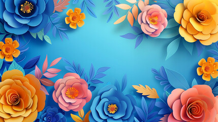 Fototapeta premium paper art floral on blue background