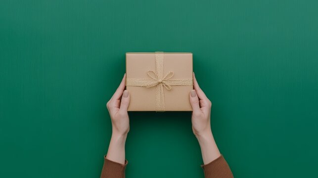 A beautifully wrapped gift in hands symbolizing thoughtfulness and celebration against a green background