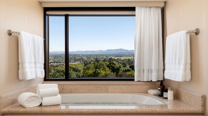 Fototapeta premium Deluxe hotel bathroom amenities with fluffy towels, elegant toiletries, and a soaking tub with a view bright, clear lighting for a luxurious, spa-like atmosphere