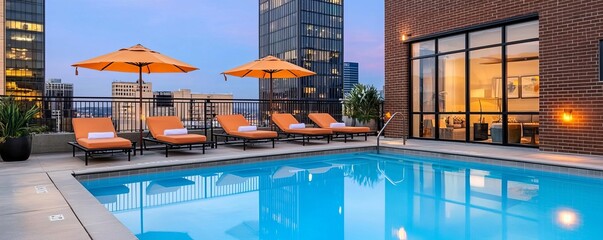 Elegant rooftop pool with orange umbrellas and lounge chairs against a city skyline during sunset, showcasing a relaxing urban getaway.