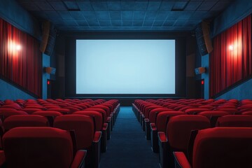 Fototapeta premium Empty cinema hall with red seats and a large blank screen