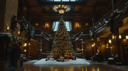 A Grand Hall Decorated for an Opulent Christmas Celebration.