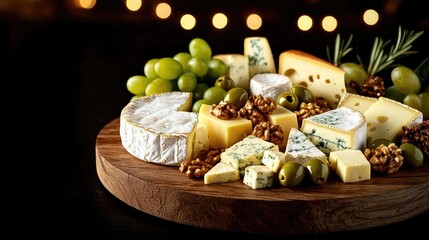 Cheese platter with assorted varieties, nuts, and grapes on wooden board