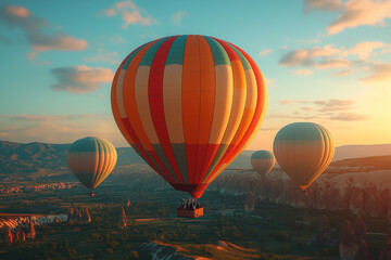 Obraz premium Colorful hot air balloons flying over the landscape at sunset. Cappadocia in Turkey