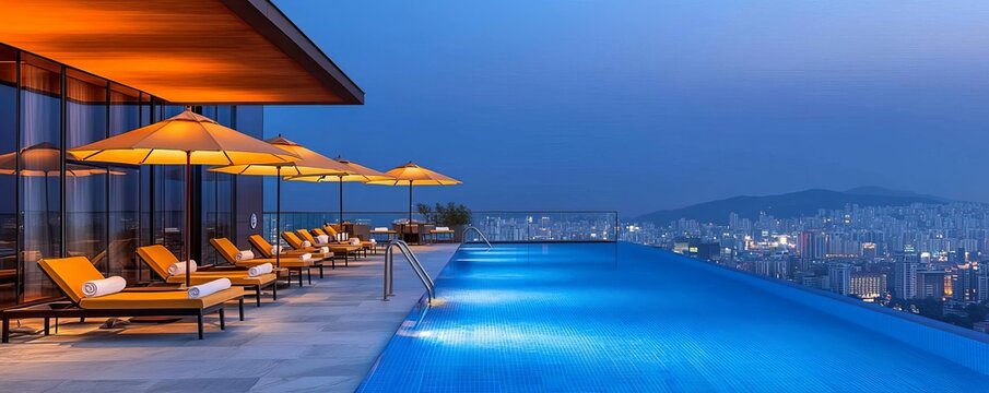 Hotel amenities at a rooftop pool with comfortable sun loungers, umbrellas, and breathtaking city views warm, vibrant lighting enhances an atmosphere of luxury and relaxation