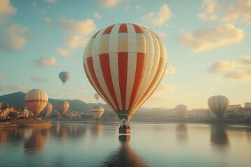 Colorful hot air balloons flying over the landscape at sunset. Cappadocia in Turkey