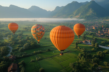 Obraz premium Colorful hot air balloons flying over the landscape at sunset. Cappadocia in Turkey