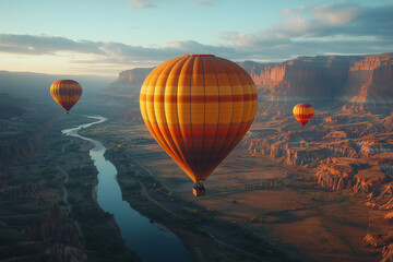 Obraz premium Colorful hot air balloons flying over the landscape at sunset. Cappadocia in Turkey