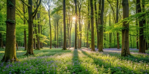 Obraz premium A lush green forest with tall trees and a carpet of wildflowers surrounding them, wildflowers, forest, flora, garden