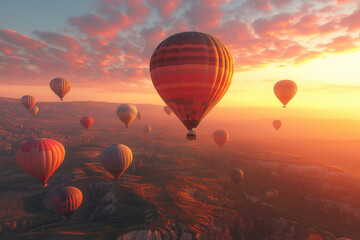 Obraz premium Colorful hot air balloons flying over the landscape at sunset. Cappadocia in Turkey