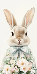Obraz premium Charming rabbit in floral attire with pastel bow and woodland backdrop