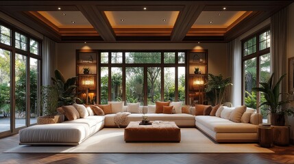 Fototapeta premium Cozy modern living room with large windows and lush greenery.