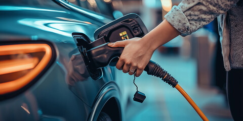 A close-up of a person’s hand plugging in an electric car at a charging station, symbolizing green energy, technology, and sustainability