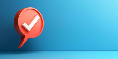 A red checkmark inside a speech bubble on a light blue background, symbolizing approval, acceptance, and agreement in communication