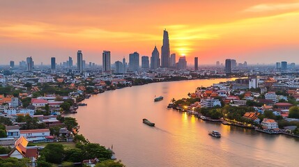 Fototapeta premium Aerial View of Bangkok City Skyline with the Chao Phraya River at Sunset Perfect for Travel Brochures, Websites, and Social Media Posts Clean Blank Canvas with Empty Space for Designs