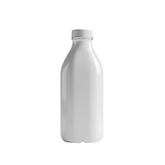 A white glass bottle with a white plastic lid, filled with milk.