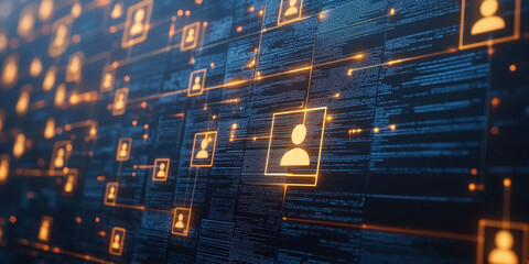 A network of digital profile icons interconnected with lines, symbolizing data connections, social networking, and online communication