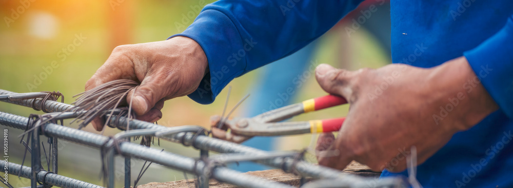 Wall mural Banner Construction Worker hands using pincer pliers iron wire. Outdoor Worker using wire bending pliers. Banner Men hands bending cutting steel wire fences bar concrete worker with copy space