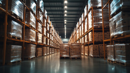 Fototapeta premium High-stacked pallets of cardboard boxes wrapped in plastic dominate the busy dock area of a well-lit warehouse