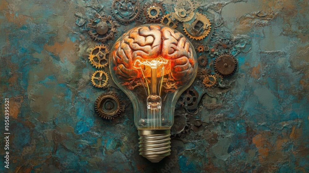 Poster Brain Concept Lightbulb with Gears and Texture Design
