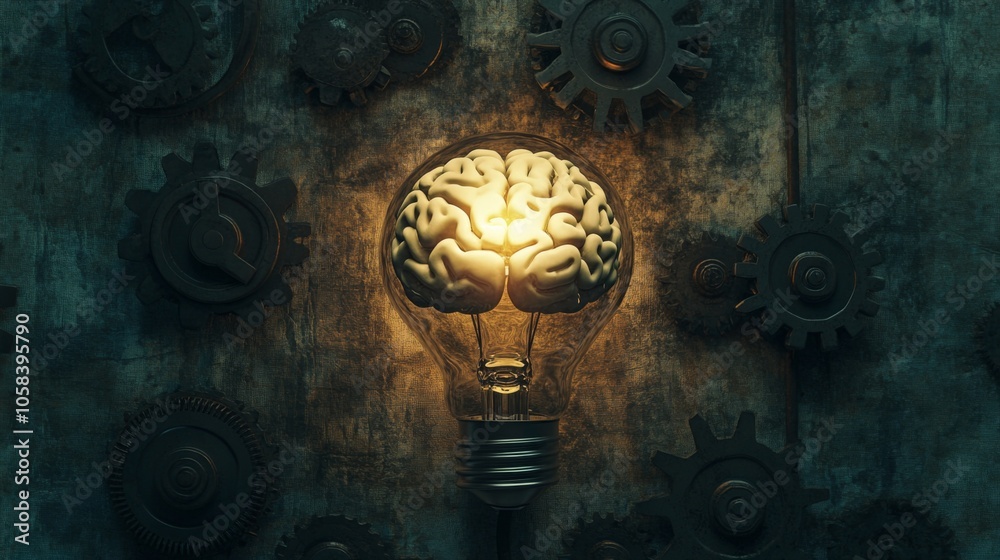 Aufkleber brain concept in light bulb with gears background