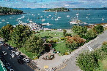 Agamont Park and boats moored in the harbor in Bar Harbor, Maine, United States.