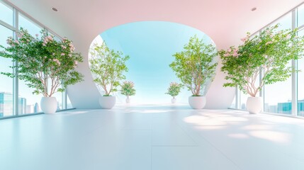 Obraz premium A panoramic view of a modern, globally connected office space, with teams collaborating seamlessly through a sophisticated system interface.