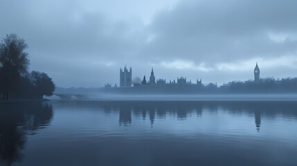 Naklejka premium Misty Evening Over River with Historic Architecture