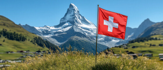Swiss Flag with Matterhorn Mountain in Background.