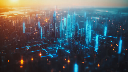 Obraz premium Smart digital Innovation city with connection network reciprocity over the cityscape. of future smart wireless digital city and social media networking systems that connects people with in city 