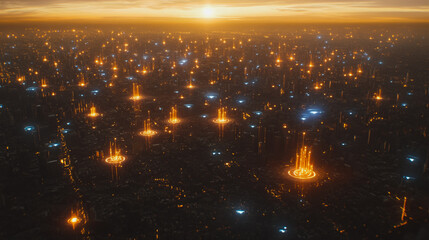 Fototapeta premium Smart digital Innovation city with connection network reciprocity over the cityscape. of future smart wireless digital city and social media networking systems that connects people with in city 