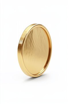 A shiny gold coin standing upright on a white background, showcasing its smooth surface and metallic sheen