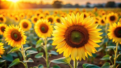 Obraz premium A field of sunflowers standing tall in the warm sunlight with bright yellow petals and dark centers, natural landscape, wheat stalks, green fields, bright yellow, summer flowers