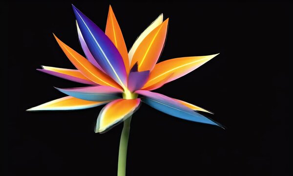 Strelitzia flower illustration on a black background. The illustration is in the style of a minimal vector design. Any 
