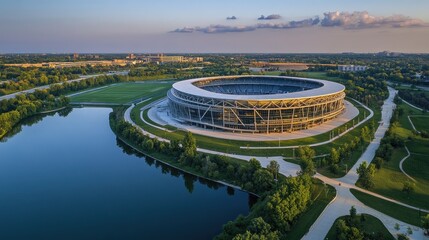 Aerial View of Modern Stadium Surrounded by Nature