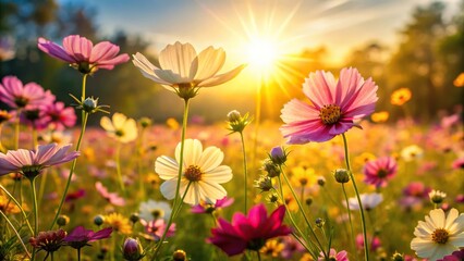 A field of sprint flowers swaying gently in the breeze, with their delicate petals dancing in the sunlight, blooming garden, sunny day, landscape photography, gentle breeze, soft focus