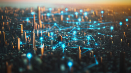 Smart digital Innovation city with connection network reciprocity over the cityscape. of future smart wireless digital city and social media networking systems that connects people with in city