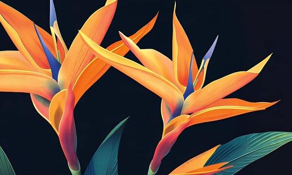 Strelitzia flower illustration on a black background. The illustration is in the style of a minimal vector design. Any 
