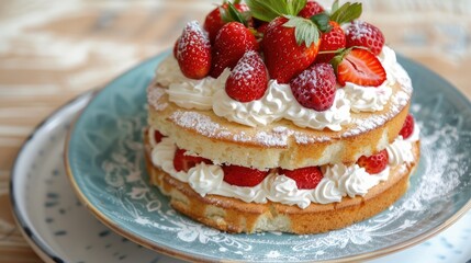 Summer Sponge Cake with Strawberries and Whipped Cream on Blue Plate