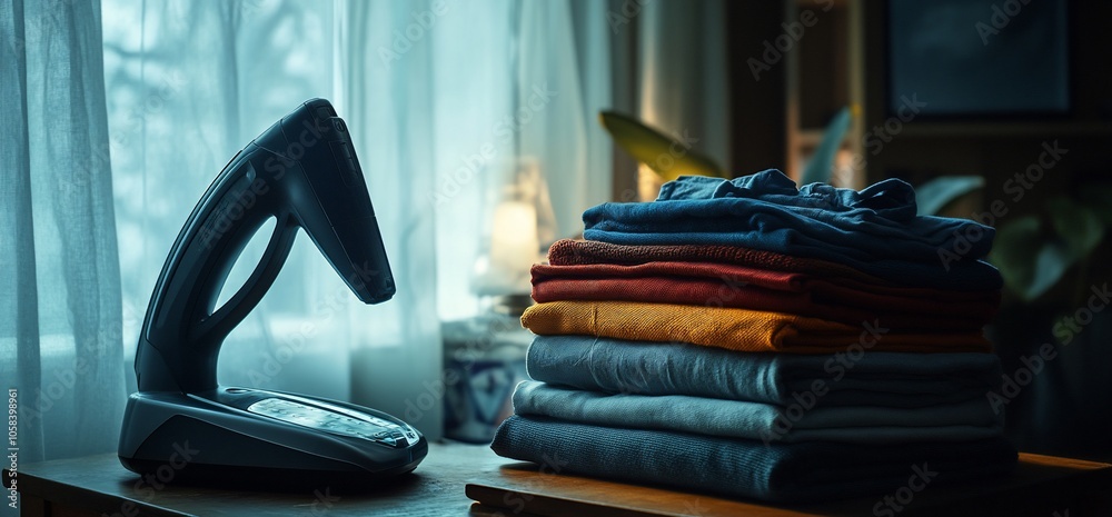 Poster a cordless phone sits on a table beside a stack of folded clothing.