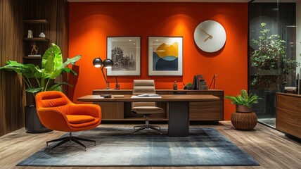 Modern office interior with vibrant colors and stylish furniture.