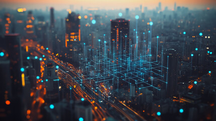 Smart digital Innovation city with connection network reciprocity over the cityscape. of future smart wireless digital city and social media networking systems that connects people with in city