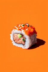 Vibrant sushi roll filled with fresh ingredients and topped with colorful garnishes on an eye-catching orange background