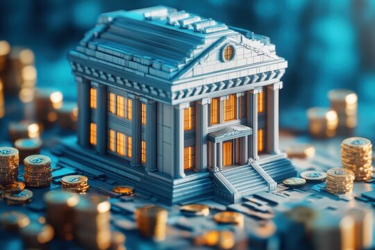 3d bank building, coins and money illustration or representation