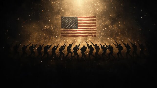 Saluting Our Heroes: Veterans Day Greeting Card with Silhouettes of American Soldiers, Weapons, and USA Flag on Celebration Background